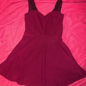 Burgundy magenta red maroon dress with black sheer mesh lace straps